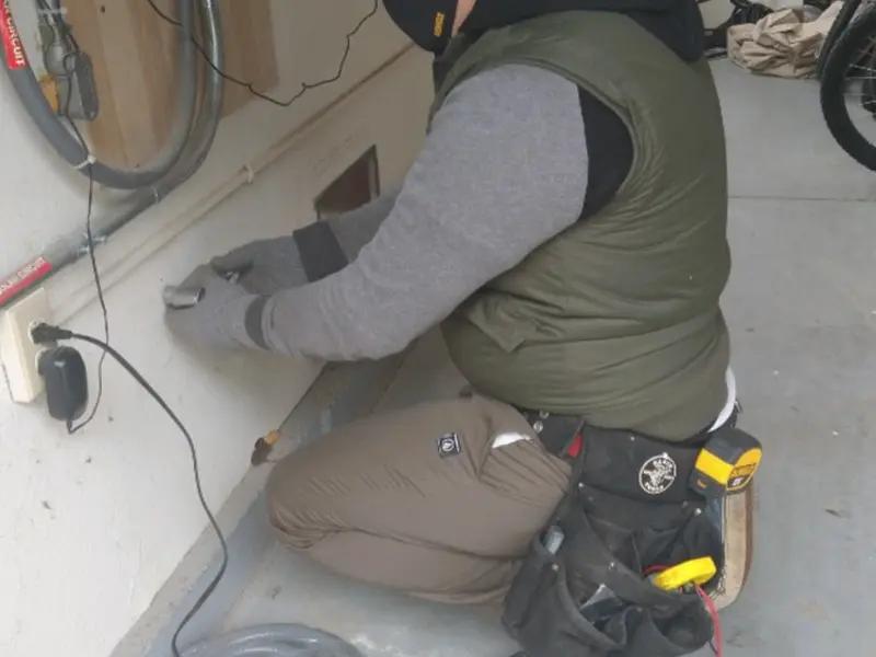 Electrician performing outlet wiring in a Camillus garage
